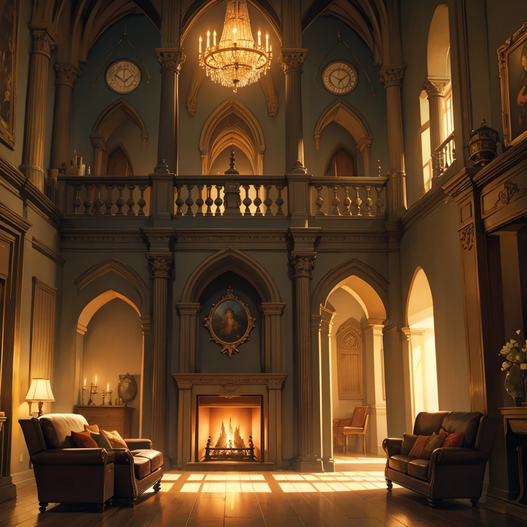 Fire place, medival indoor, dim lighting, night, furniture, anime, dark small room, commoner's house