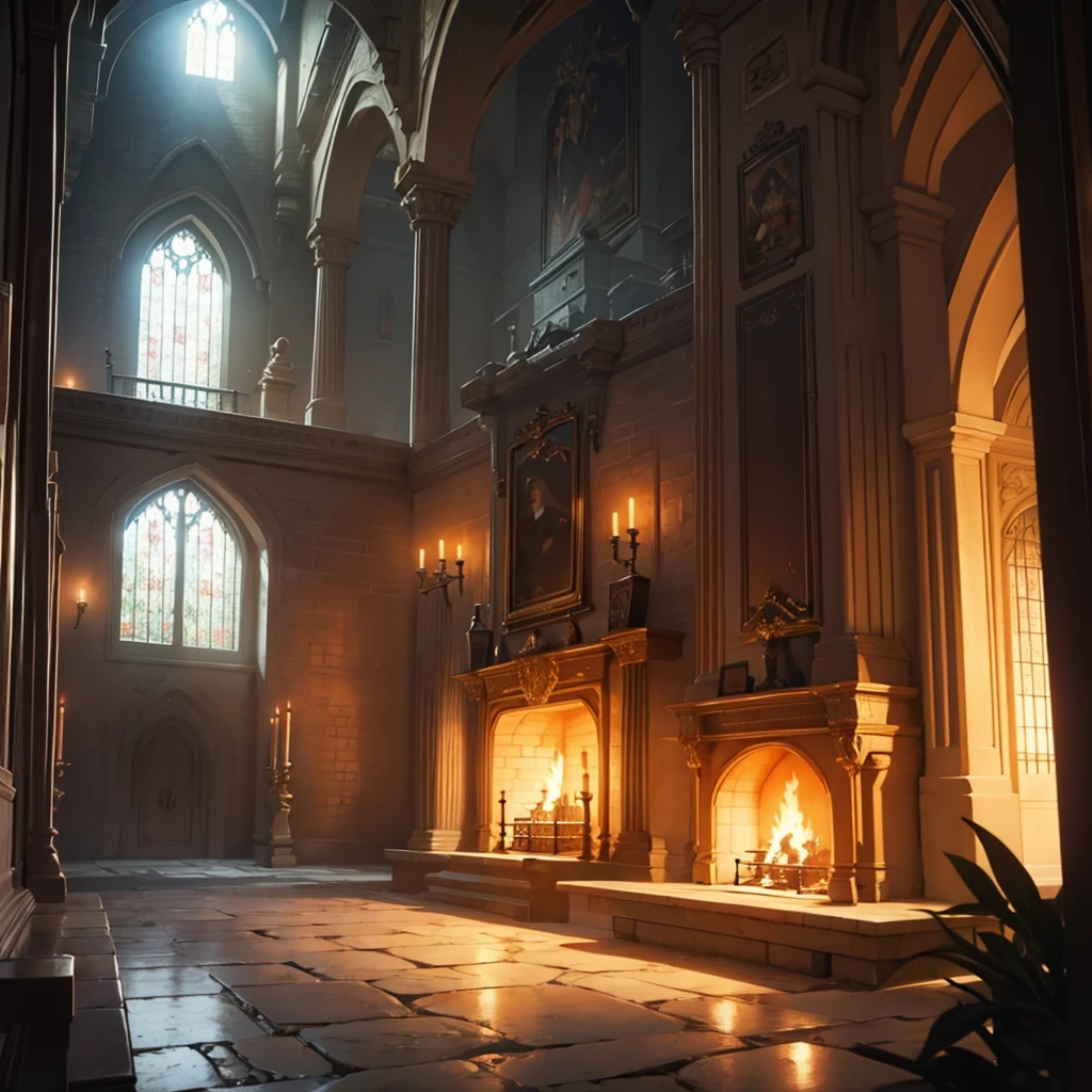 Fire place, medival indoor, dim lighting, night, furniture, anime, dark small room, commoner's house