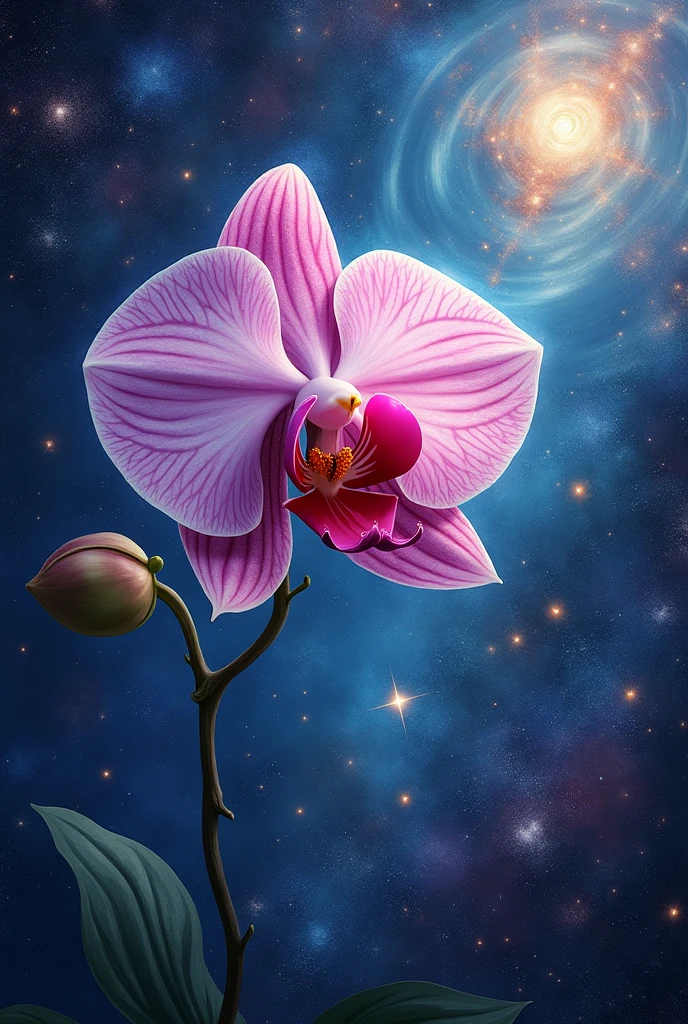 A painting showing an orchid and the universe in the background with galaxies and stars 