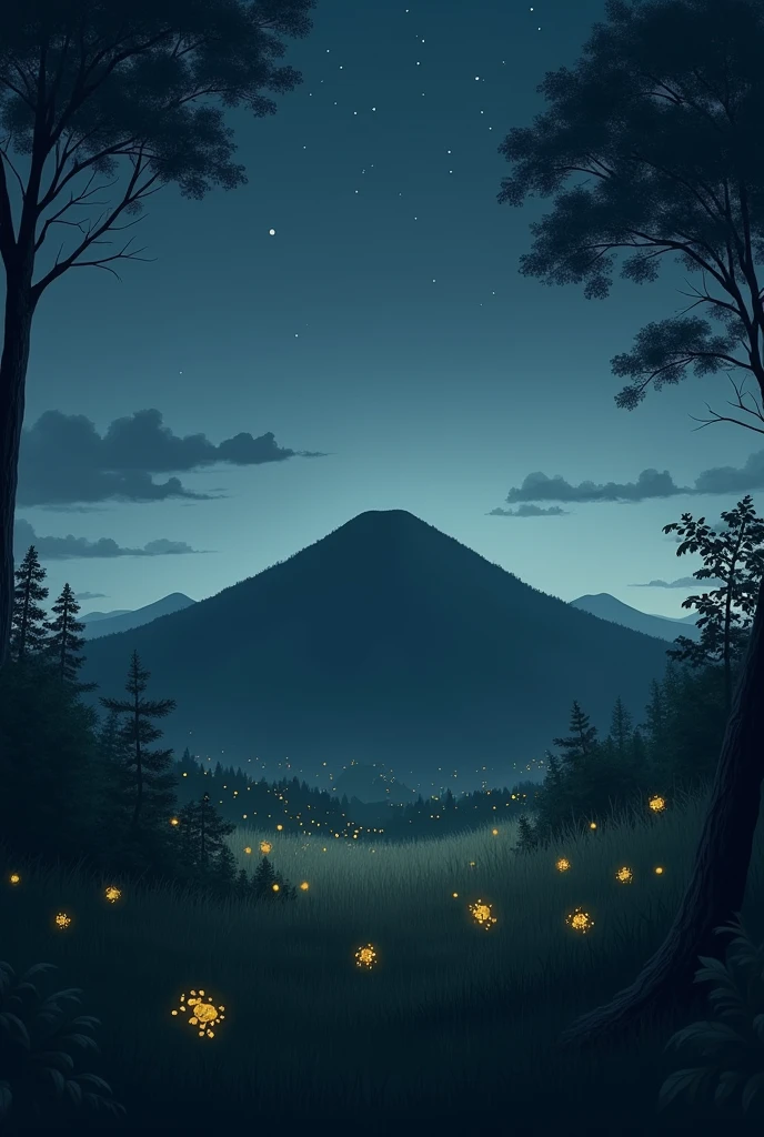 A hill at dusk with natural lighting, without posts or lights, only illuminated by the brightness of the stars and some fireflies, in the middle of a sparse thicket, make everything as realistic as possible