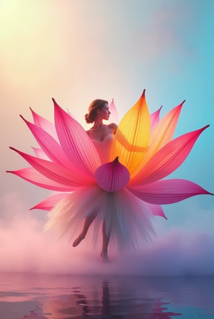 rainbow colored background in the distance from the fog around and at the feet, minimalist, elegant, pure gentle, soft rainbow light, photorealistic. Giant Rainbow Lotus , with huge and long rainbow petals. (petal made of thin and soft tulle, flowing petals full background, floating petals, hyperflying petals, at the feet A mix of rainbow smoke and fog effects from colored rainbow fog on the ground and petals). Extravagant, beautiful woman full length, nice legs,shoes, in a fast dance in a flying pose, (Ultra detailed face, hyperrealistic) позирую Giant Rainbow Lotus , center of rainbow in photo, woman looking at viewer, permission 8k, masterpiece, top quality, the skirt flutters strongly in the wind,