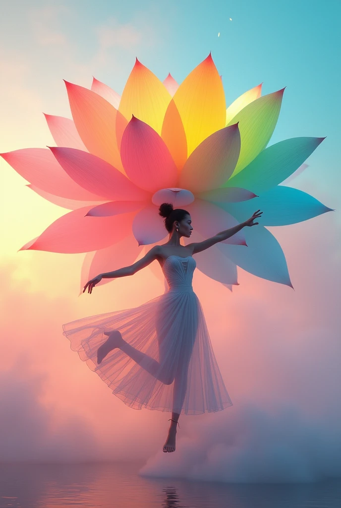 Running on blue clouds, background color pale lilac lilac Mix of rainbow smoke and fog effects from colored pale blue fog on the ground and petals). Extravagant, beautiful woman full length, nice legs, shoes, in a fast dance in a flying pose, (Ultra detailed face, hyperrealistic) posing Giant Rainbow Lotus , center of rainbow in photo, woman looking at viewer, разрешение 8 K, masterpiece, top quality, the skirt flutters strongly in the wind, 8 K,12K,
