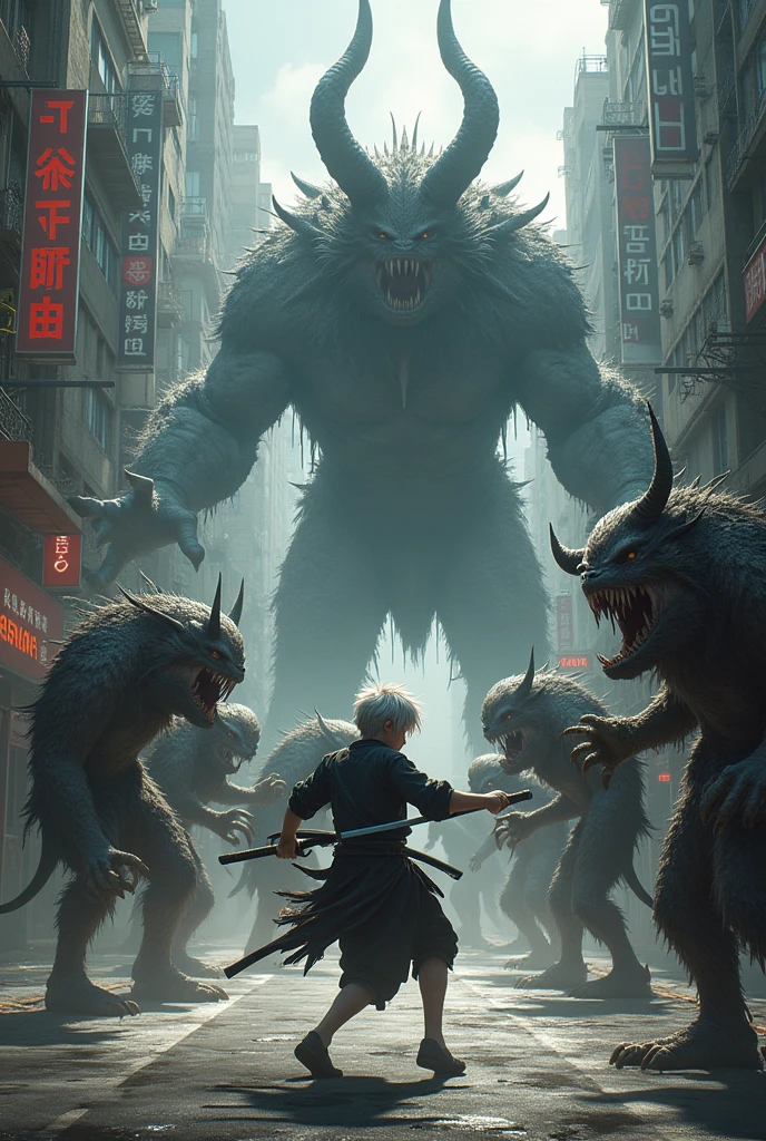 Silver hair teenage boy with street clothes katana fighting an group of huge monsters and demons in the city street