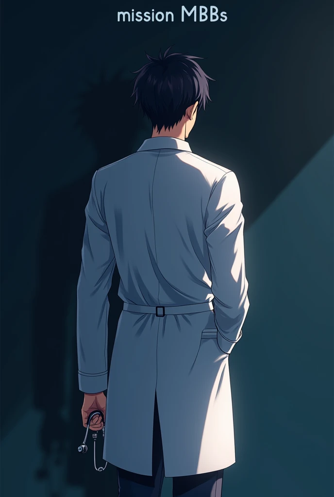wallpaper
Doctor anime model(male) backside holding a stethoscope in one hand which is not in pocket and other hand in the pocket wearing full sleeve white doctor apron. Must write "Mission MBBS". Motivations for exam to be a doctor.no light background use deep colour