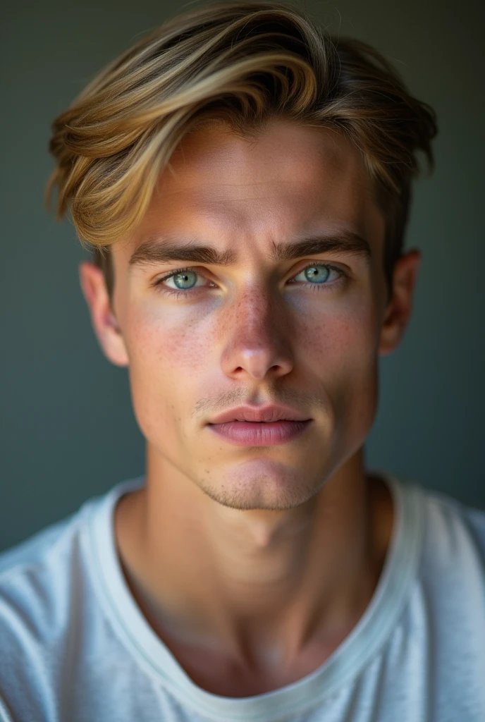 portrait of a man, 2, ((short medium faded straight blonde hair), blushing, looking at the camera halfway, professional photography, ultra sharp focus, very handsome, ocean blue eyes