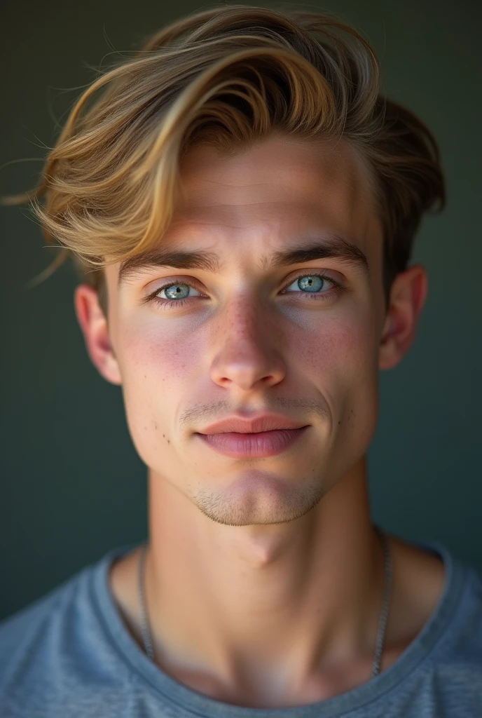 portrait of a man, 2, ((short medium faded straight blonde hair), blushing, looking at the camera halfway, professional photography, ultra sharp focus, very handsome, ocean blue eyes