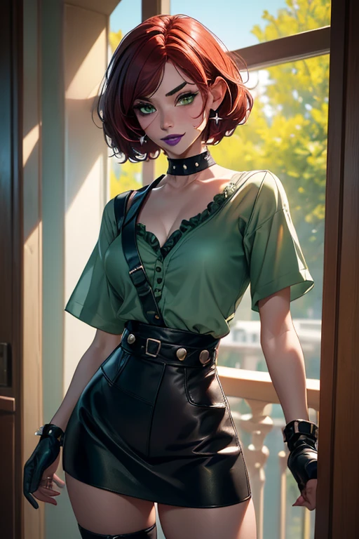 Masterpiece, beautiful art, professional artist, 8k, very detailed face, very detailed hair, 1girl, Rogue (RogueXME, short hair, two-tone hair, (red hair), (white bangs), green eyes, purple makeup, purple lipstick, medium breasts, smiling, choker, studded collar, ((green shirt)), miniskirt, leather skirt, gloves, boots), walking around the X-Mansion, hot, horny, aroused, blushing, thinking of her girlfriend, missing her lover, no labels, no branding, perfectly drawn body, beautiful face, very detailed eyes, rosey cheeks, intricate details in eyes, perfect fit body, beautiful body, extremely detailed, intricate details, highly detailed, sharp focus, detailed skin, realistic skin texture, texture, detailed eyes, high resolution, kodak vision color, foto_\(ultra\), post-processing, maximum detail, roughness, real life, ultra realistic, photorealism, photography, absurdres, RAW photo, highest quality, high detail RAW color photo, professional photo, extremely detailed UHD 8k wallpaper unit, best quality, highres, (masterpiece, top quality, high resolution:1.4), photo, cinematic, film grain, sharp, soft natural light, magic photography, super detailed