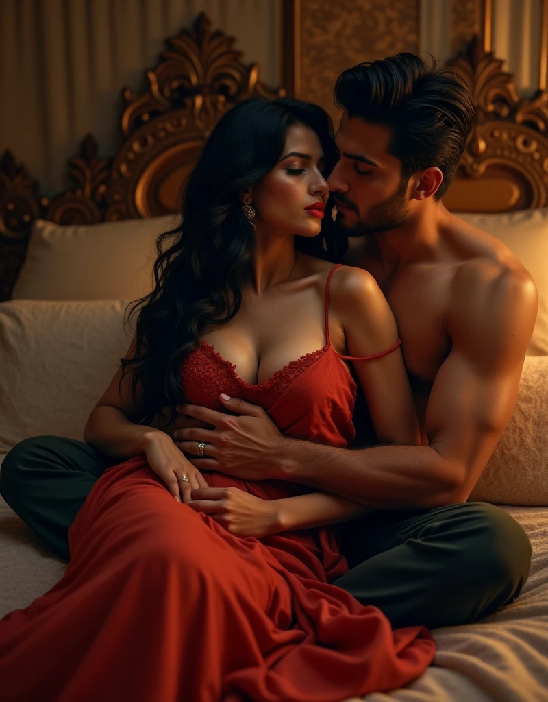 day scene, newly wed indian couple, laughing happy couple, having sex, man and woman, sexy wife, hot husband, first night, woman sitting on bed, man sitting behind her, woman removes white sari, she is not wearing bra and blouse, husband is touching boobs, they are having steamy sex, well decorated bedroom, dim light, sexy mood, erotic scene, intricate details, picturize everything that is described, it is mandatory that man should grab womans boobs