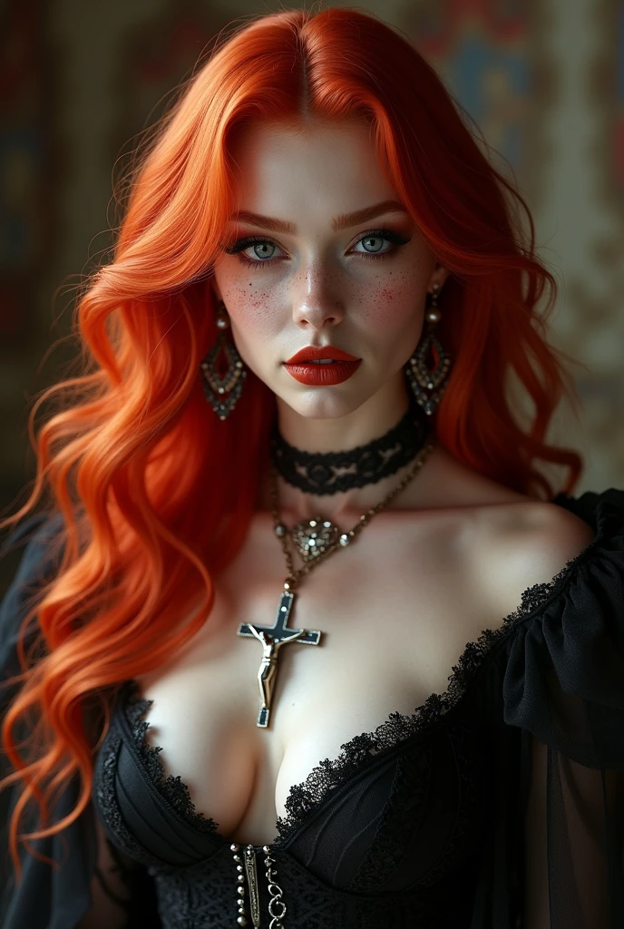 An incredibly beautiful toreador vampire, her hair is extremely red and her skin is white and delicate, she also has a lot of freckles, She is a powerful 6th generation vampire, She is Catholic and always wears her beautiful crucifix and heart necklace which is a gift from her beloved., she likes jewelry and high heels