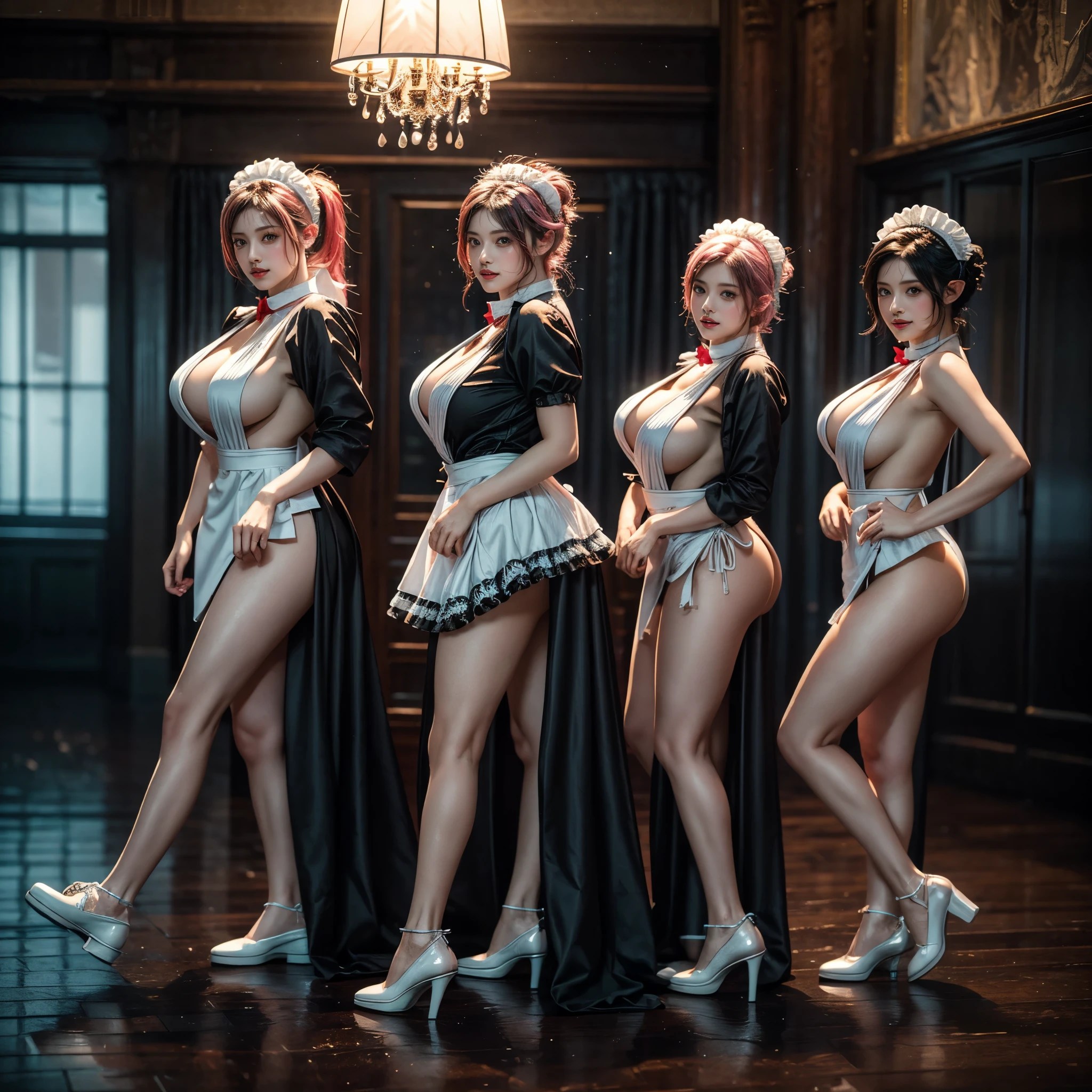 (Full Body of Extremely Detailed((Sexy Maid Group in a row:1.37))), KAWAII perfect face with Reflective Eyes, Detailed(Delicate Clothing textures), Correct Graceful Legs, Dynamic Joyful Expressions LifeLike Rendering, Specular Reflection, TopQuality 8K Ultra-detailed masterpiece (ProfessionalPhoto:1.37), (Acutance:0.8), (Luminism:1.28), Renaissance art style, Colorful Light particles, (Full body from side) {MicroMini Skirt|Kissing Face to Face|Thigh Gap|Cute Peach AssFocus|(NakedApron with (Overflowing Sideboob))}, Radiant Fine Skin with Transparency, (Exposed:0.4) {Pink Hair|LightBlue Hair|Blonde|Pure White Hair|Liquid Hair|Red Shoes}, Perfect Lighting