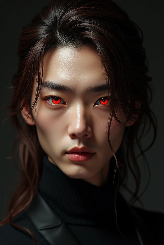 Korean man, brown hair, brown hair swept back, back swept hair, long length hair, red eyes, straight eyebrows