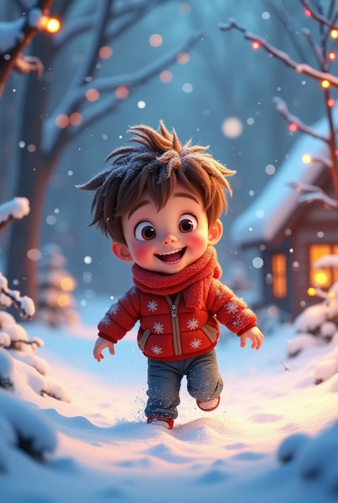 Young boy with brown hair and big beautiful eyes. Playing in the snow. Christmas lights are in the background. Happy picture. Animated.