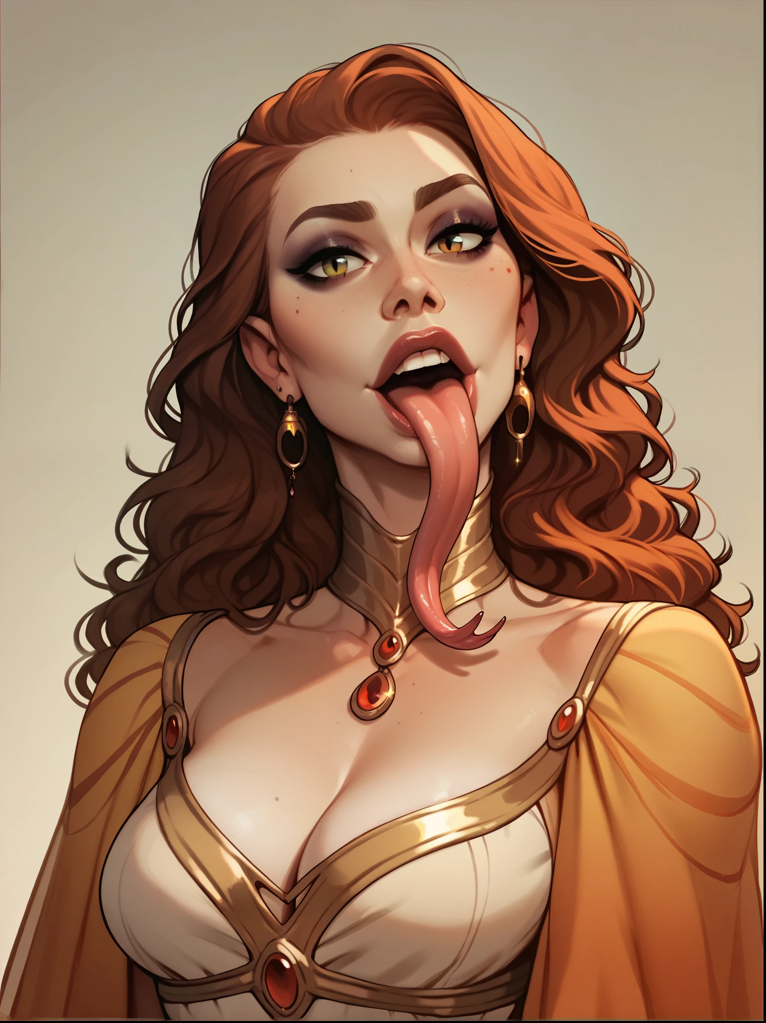 score_9, score_8_up,score_7_up, score_6_up, score_5_up, score_4_up, woman, best quality, highres, portrait, solo, beautiful, makeup, soft lips, hermione in serpentar clothes, grimace, put out your tongue, large cleavage, snake double tongue