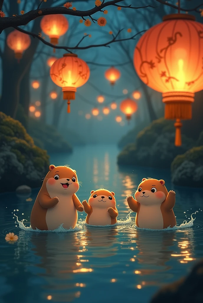 Studio Ghibli style marmots inside a night river and Chinese lights