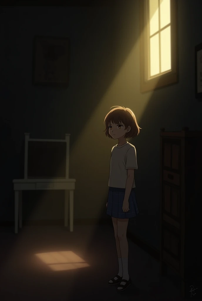 an image of a girl in a dark room where a ray of light comes out of the window illuminating the girl