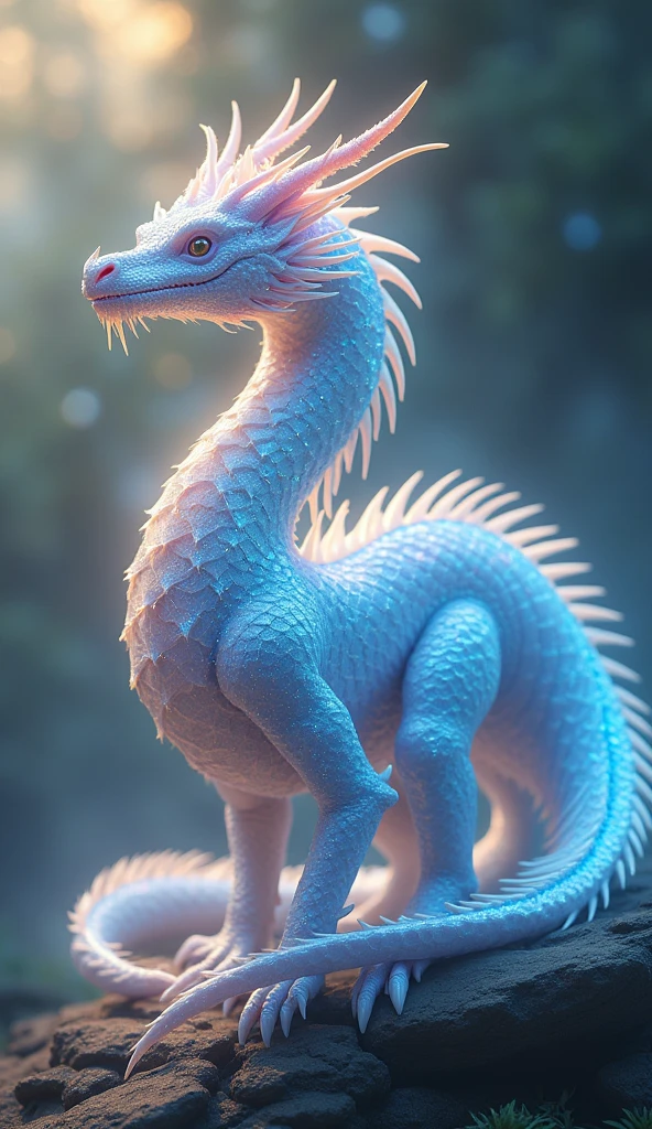 hyper realistic, dragon((iridescent)) fantasy, dragon white ethereal appearance, sparkling details, glowing, scaly texture, hyper-realistic, details,((shine)), opulence. FHD, 16k
