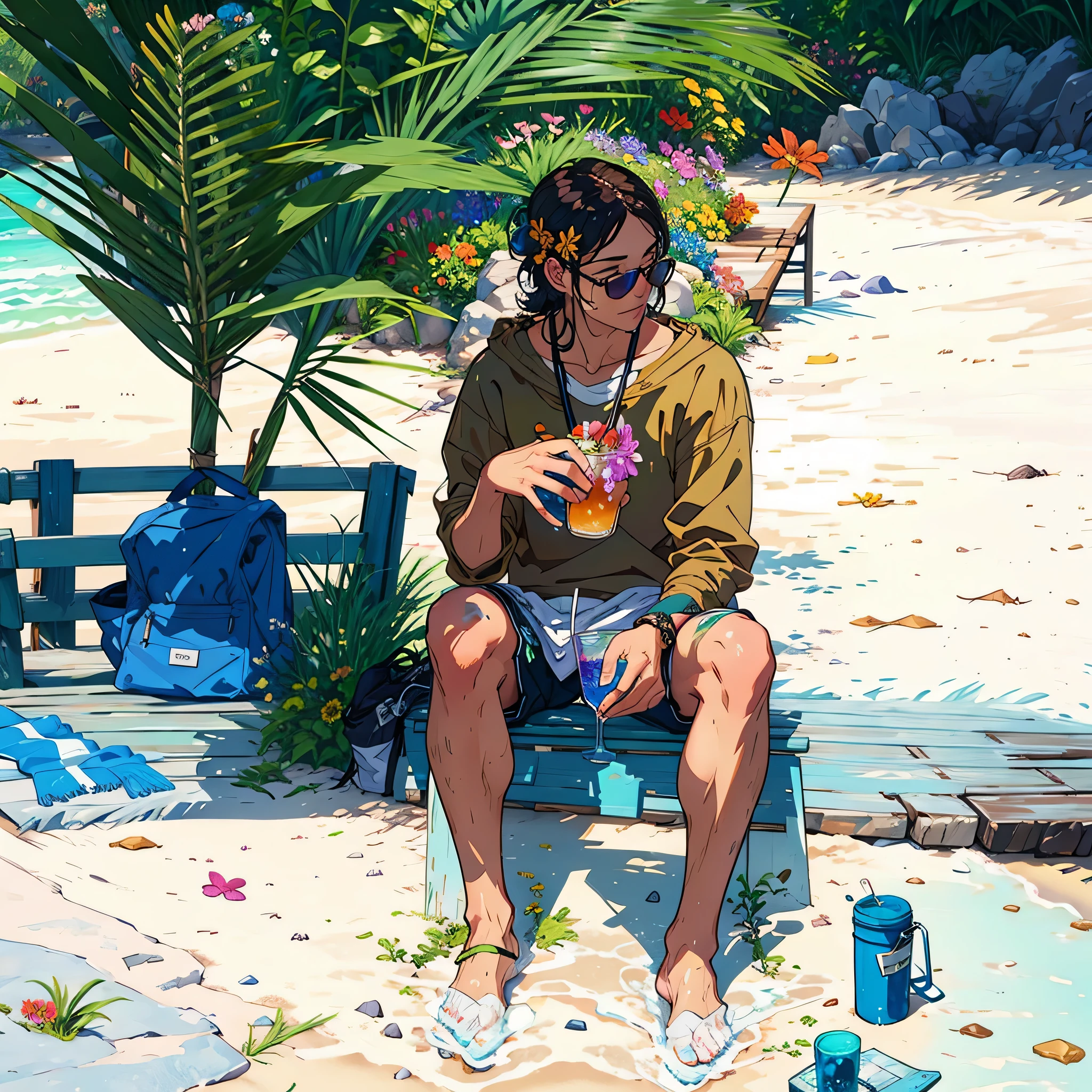 there is a man sitting on a bench on the beach, at a tropical beach, about 3 , in the beach, profile image, sitting at the beach, getting his tacos and drink), sitting on the beach, relaxing at the beach, around 1 , relaxing on the beach, with a drink, at the beach, at a beachHD, (Best Detail), (Best Quality), (Illustration), (((Flowers))), ((Hair Decorating Flowers))), (((Flower Decorating))), Garden, Flowers and Plant Background, Butterfly,