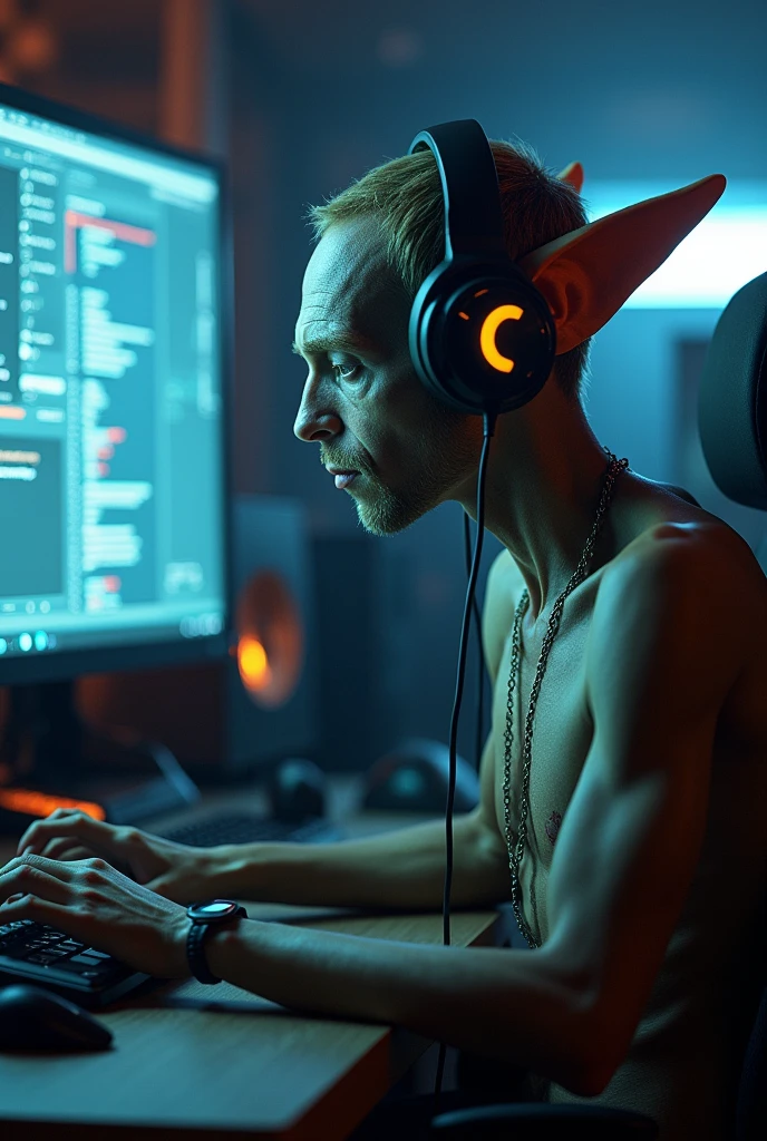 Makes a very thin man with dwarf ears wearing a headset in front of a pc