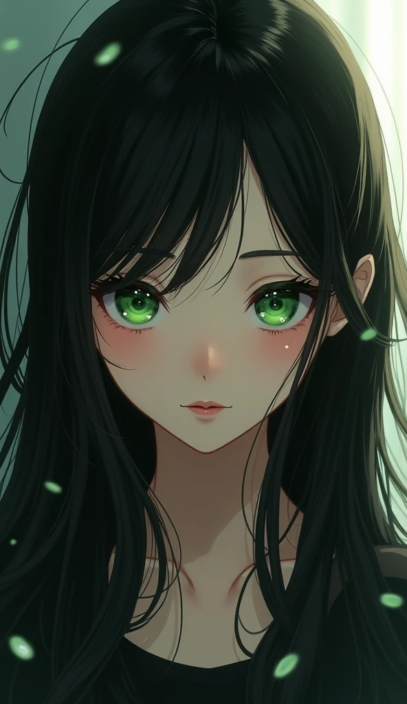 Girl with black Long Hair, and dark green eyes 