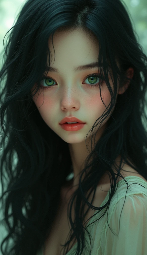 Girl with black Long Hair, and dark green eyes 