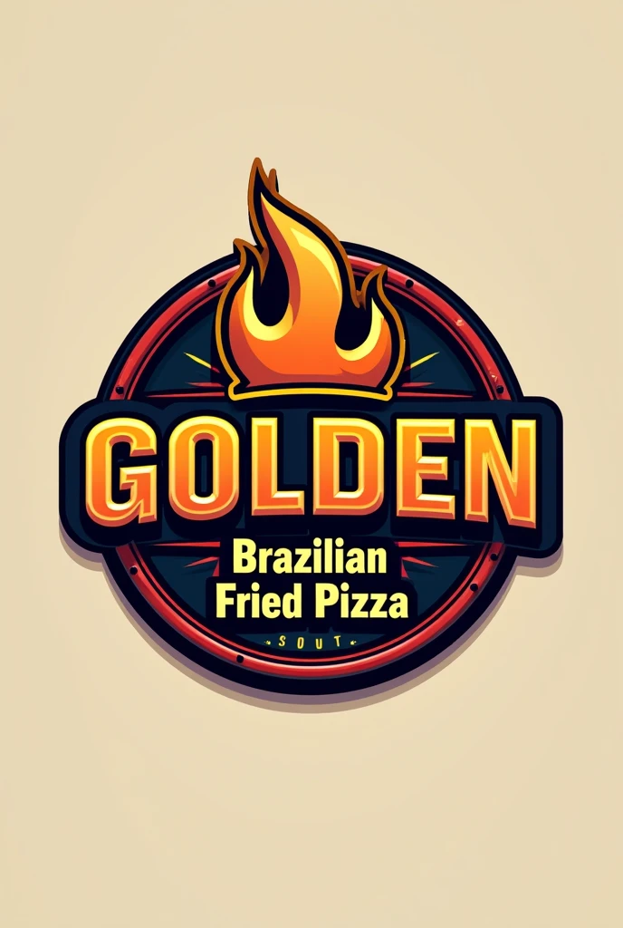 Create a logo image for a restaurant called “Golden” that will be highlighted, with the text BRAZILIAN “fried pizza” semi-highlighted, and “delivery” below. Use bold, industrial style fonts for the business name “Golden” to convey strength and durability. Include a color palette that reflects a delivery restaurant, with metallic tones like red and orange accented by a vibrant, contrasting color like black or blue to represent heat and intensity of flavor. O design deve ser limpo, moderno, and professional, Suitable for branding on a variety of materials, as business cards, signaling, and company vehicles., 3D rendering. The background should be neutral