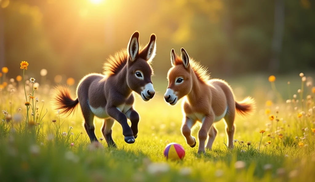 Full-frame photography of a vibrant field of green grass with colorful flowers is the main setting. The sunlight is soft and golden, giving a warm glow to the scene.
 Donkey (Mammoth Breed): A one-mont baby, and running.
Its expression is one of excitement and joy.
Baby Horse (Mustareed): A one-month-old baby
Also, aying l expression.
Ball: A colorful ball, appropriate for the size of the animals, is at the center of the action.
Additional Details: Light and Resolution: The light is natural and diffused, creating a warm and cheerful atmosphere. The resolution should be high, capturing sharp details of the animals' fur and expressions.

