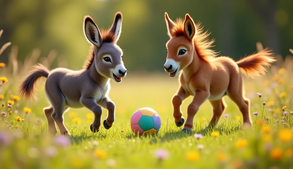 Full-frame photography of a vibrant field of green grass with colorful flowers is the main setting. The sunlight is soft and golden, giving a warm glow to the scene.
Baby Donkey (Mammoth Breed): A one-month-old baby, jumping and running.
Its expression is one of excitement and joy.
Baby Horse (Mustang Breed): A one-month-old baby
Also, displaying a playful expression.
Ball: A colorful ball, appropriate for the size of the animals, is at the center of the action.
Additional Details: Light and Resolution: The light is natural and diffused, creating a warm and cheerful atmosphere. The resolution should be high, capturing sharp details of the animals' fur and expressions.

