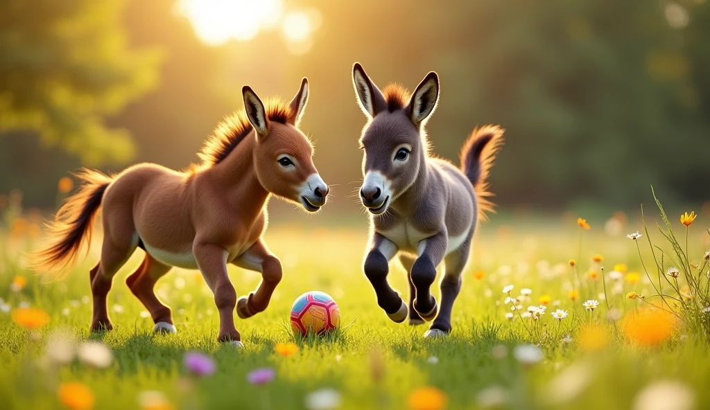 Full-frame photography of a vibrant field of green grass with colorful flowers is the main setting. The sunlight is soft and golden, giving a warm glow to the scene.
Baby Donkey (Mammoth Breed): A one-month-old baby, jumping and running.
Its expression is one of excitement and joy.
Baby Horse (Mustang Breed): A one-month-old baby
Also, displaying a playful expression.
Ball: A colorful ball, appropriate for the size of the animals, is at the center of the action.
Additional Details: Light and Resolution: The light is natural and diffused, creating a warm and cheerful atmosphere. The resolution should be high, capturing sharp details of the animals' fur and expressions.

