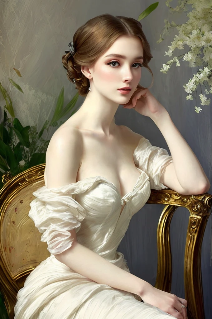 photo of a woman in a white off-shoulder strapless dress sitting in a chair, elegant, feminine, very intense makeup