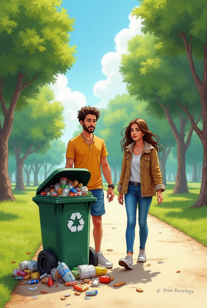 John and Martha are in the park, where they see a trash can full of mixed and dirty garbage. João comments that the park could be cleaner if people recycled correctly. Do in drawing style