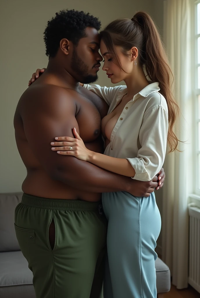 Create a photo of a 30 year old young woman, with long light brown hair tied in a ponytail with a lock of hair over her face, slender and beautiful body, wearing green sweatpants and an open white shirt without a bra with bare breasts, with white and clear skin, is facing the camera being hugged and lifted high into the air on the lap of a black ager, dark-skinned, obese, did, lowrise, with short hair who is wearing a blue dress and glasses