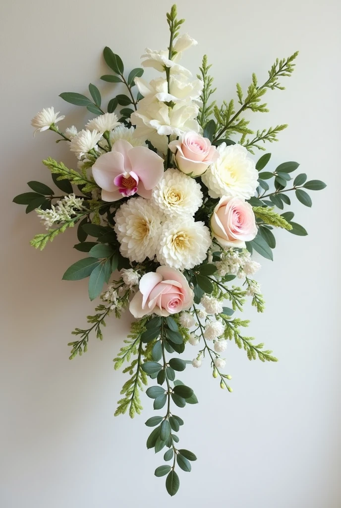 Cascading bridal bouquet, with Eucalyptus with branches that fall gently, Medium white snapdragons that also fall, some scattered white carnations, a few Cymbidium orchids in soft pink hue, and several cream-colored roses, almost white.