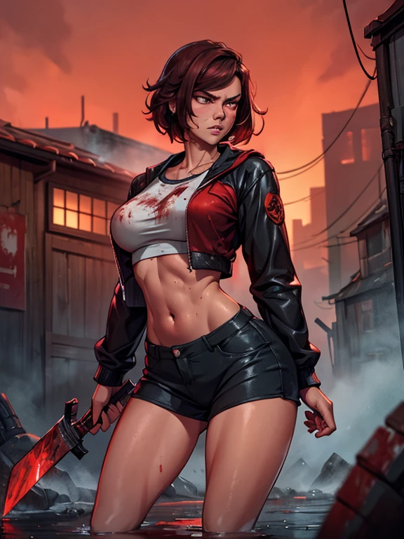 masterpiece, best quality, looking at viewer, facing viewer, bare legs, Lauren Cohan, 1girl, solo, upper body, bow, serafuku, disgusted face, night time, heavy rain, outdoors, city, crop top, navel, wet clothes, drenched, overly long sleeves, hands in sleeves, blood tears, blood marks, dark alleyway, blood splattered on the ground, red bright light, glowing eyes, depth of field,holding a knife,red sky, atmofer,perfect hands, sagging breasts 