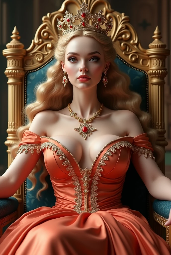 (masterpiece:1.2, best quality), realistic, (real picture, intricate details, depth of field), (1girl, solo), make up, parted lips, highly-detailed, perfect face,(huge breasts:1.8), (extravagant dress), thick thighs, wide hips, attractive waist, tall, glossy coral lips,(twintails honey blond hairs:1.2), (beautiful light orange eyes), sexy, blushing, Massive Cleavage, Disproportional , hanging breasts, Queen, Crown, castle, throne