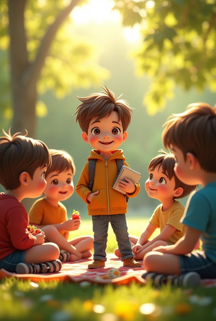 In ultra-high-definition 8K resolution, the same small boy, now slightly older and more confident, stands in the middle of a sunlit park. His brown hair is a bit tidier, and he’s wearing a clean, well-fitting jacket. His once timid eyes now sparkle with hope. Surrounding him are three other children, all around his age, smiling warmly as they engage in conversation. The group sits together on a blanket, sharing snacks and laughing, the boy's notebook safely in his lap. The scene is filled with vivid details, from the leaves rustling in the breeze to the sunlight gently illuminating the children’s happy faces. The atmosphere is one of newfound friendship and acceptance, a stark contrast to the isolation he once felt.
