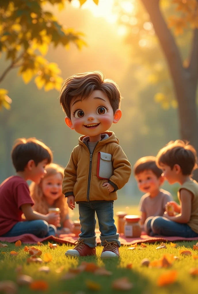 In ultra-high-definition 8K resolution, the same small boy, now slightly older and more confident, stands in the middle of a sunlit park. His brown hair is a bit tidier, and he’s wearing a clean, well-fitting jacket. His once timid eyes now sparkle with hope. Surrounding him are three other children, all around his age, smiling warmly as they engage in conversation. The group sits together on a blanket, sharing snacks and laughing, the boy's notebook safely in his lap. The scene is filled with vivid details, from the leaves rustling in the breeze to the sunlight gently illuminating the children’s happy faces. The atmosphere is one of newfound friendship and acceptance, a stark contrast to the isolation he once felt.