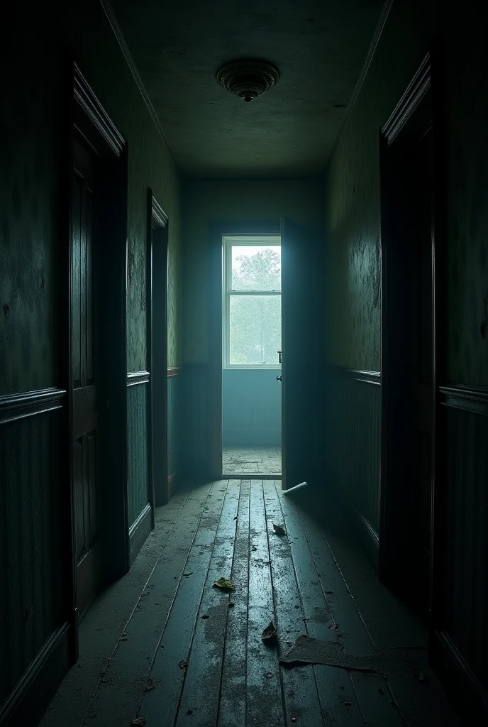 old house hallway, two half-open doors