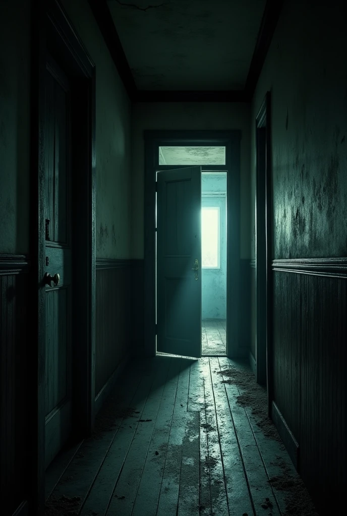 old house hallway, two half-open doors