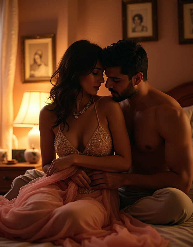 day scene, newly wed indian couple, laughing happy couple, having sex, man and woman, sexy wife, hot husband, first night, woman sitting on bed, man sitting behind her, woman removes sheer transparent sari, sheer clothes, husband is touching boobs, they are having steamy sex, well decorated bedroom, sexy mood, erotic scene, intricate details, picturize everything that is described, it is mandatory that man should grab womans boobs