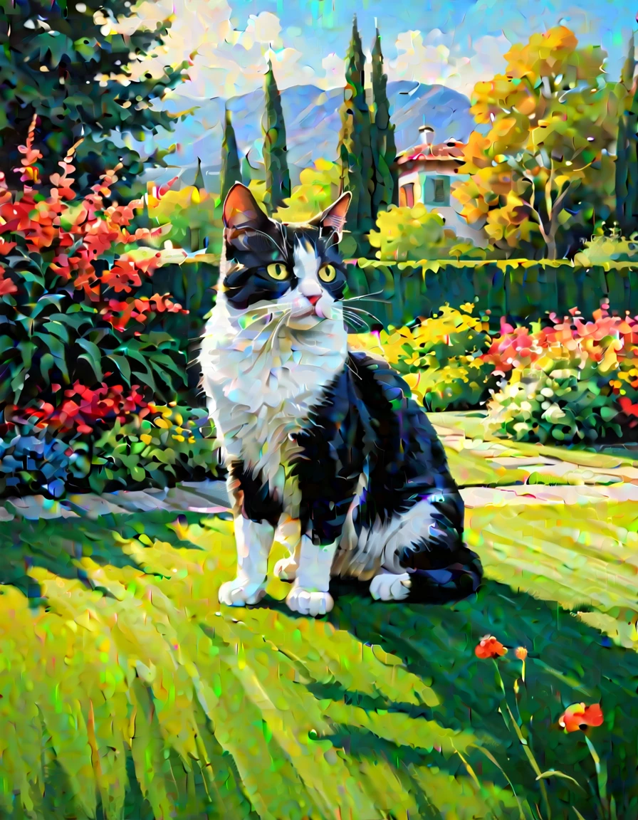 Masterpiece, best composition, dynamic composition, colorful landscape painting, cat on lawn.
