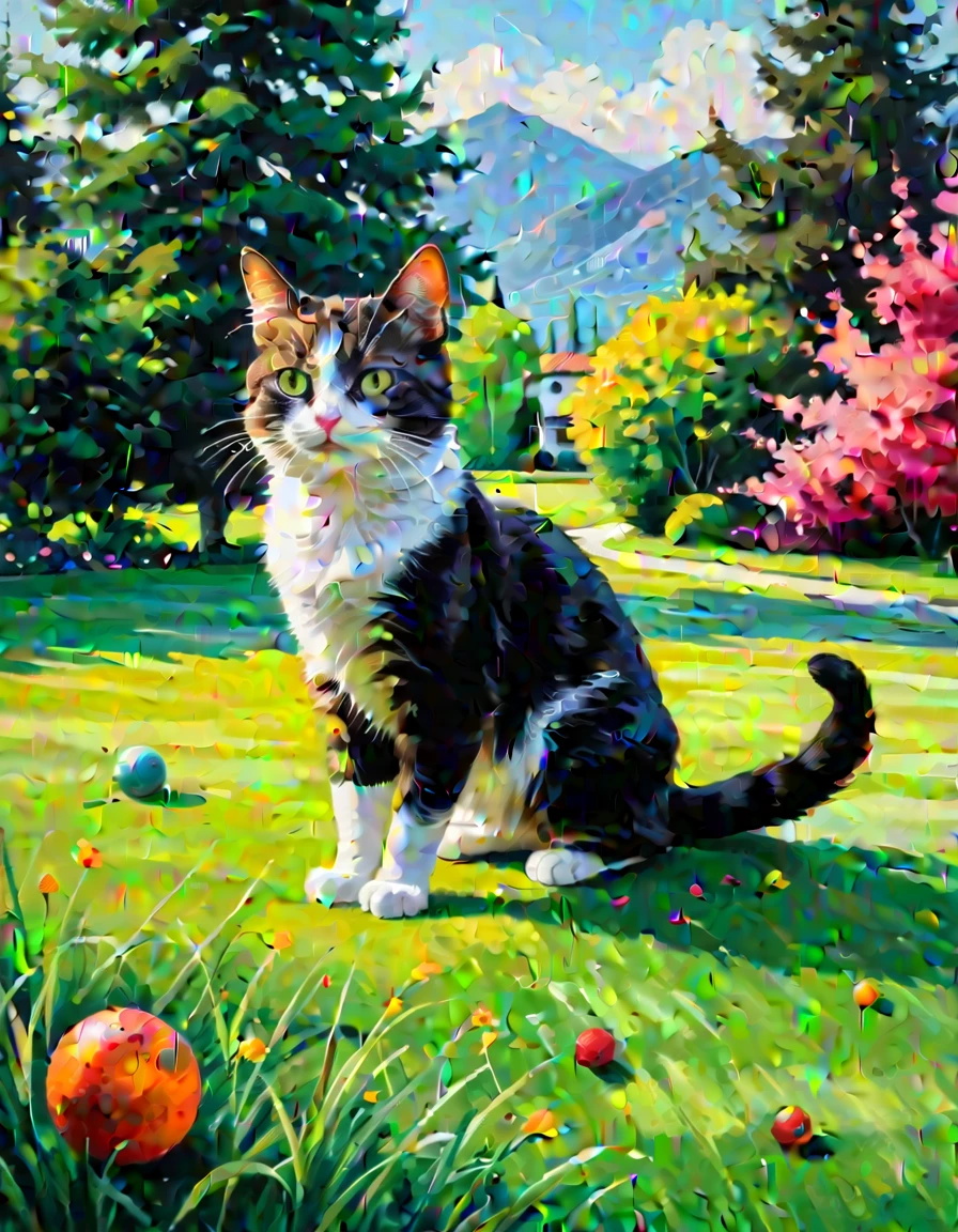 Masterpiece, best composition, dynamic composition, colorful landscape painting, cat on lawn.
