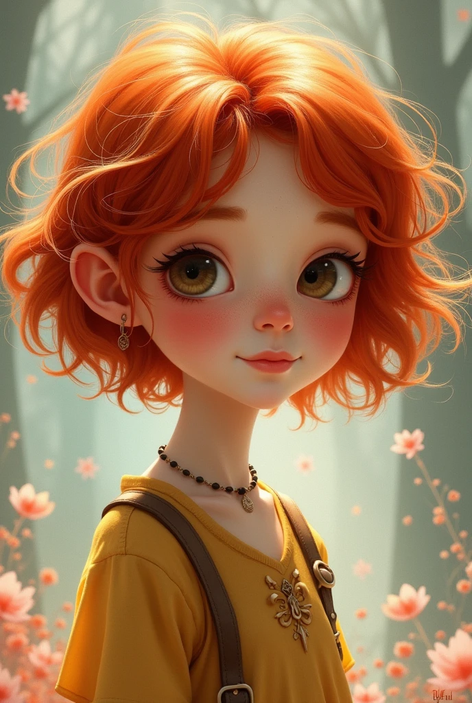 A red-haired girl with short hair and pinched eyes