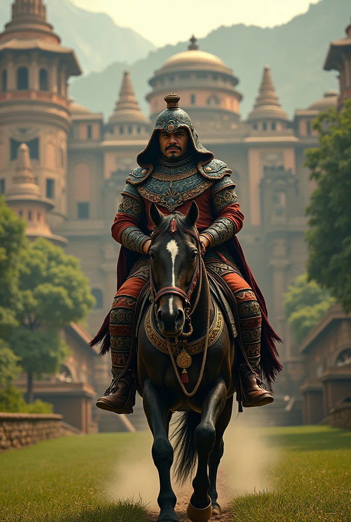 1 male figure, Emperor Montezuma, aztec eagle warrior outfit with hoodie, assassin's creed style, riding horse, the background is a plain with pre-Hispanic buildings and beautiful gardens, cinematic composition, realistic, highly detailed, photorealistic, 8k, HDR, dramatic lighting, vivid colors, moody atmosphere, epic scale, intricate details, sharp focus, professional rendering