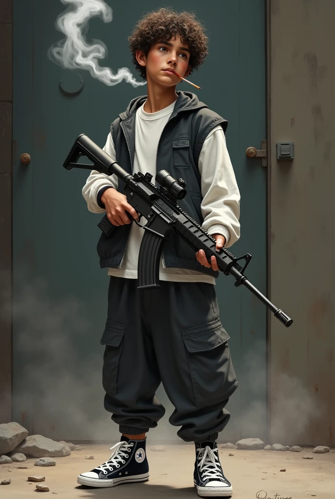A boy with a height of 1 meter 55 centimeters of full body, with curly hair, Brown eyes (NOT SO BIG) moreno, with a white long-sleeved shirt and a black vest over the white shirt, with baggy pants and white and black Converse sneakers, smoking with his right hand and holding a Fine Line Tactical gun in his left hand