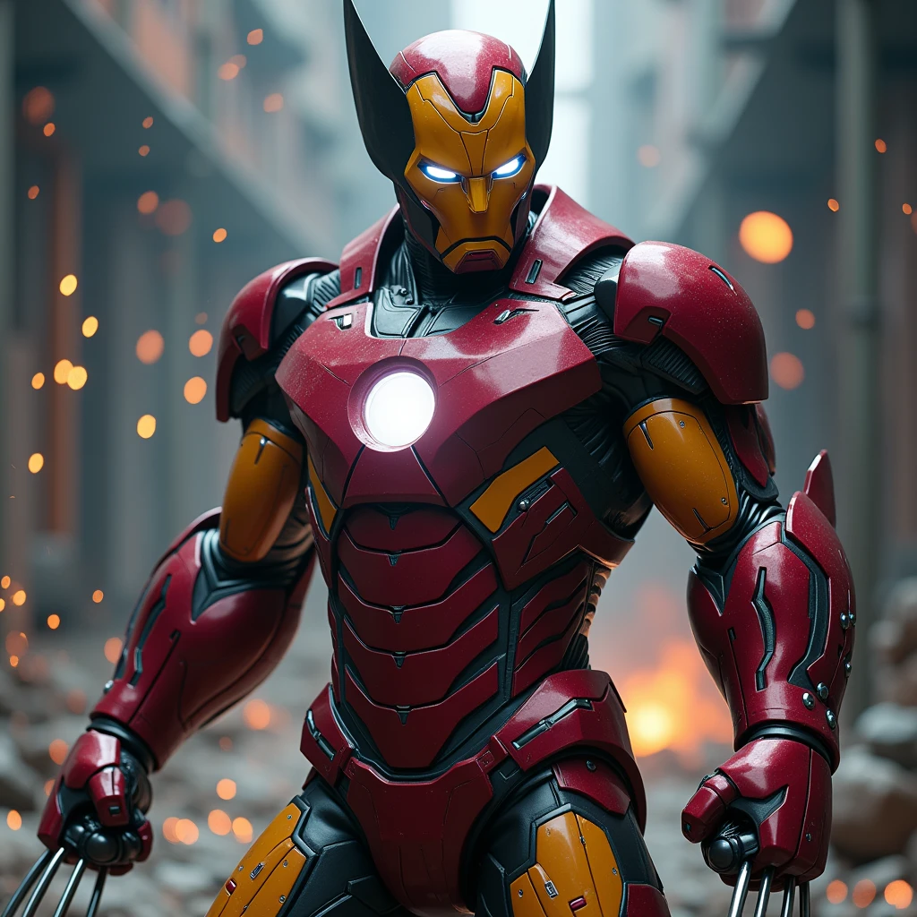 (Wolverine in an Iron Man suit:1.4), (Iron Man armor redesigned with Wolverine's iconic yellow and blue color scheme:1.4), (claws extending from armored gloves:1.4), (suit featuring sharp, angular lines that reflect Wolverine's fierce persona:1.3), (helmet combining elements of both Wolverine's mask and Iron Man's design:1.4), (metallic textures with yellow and blue highlights:1.4), (glowing arc reactor in the chest:1.3), (dynamic pose with one arm raised, claws bared:1.4), (background with sparks and machinery:1.3), (highly detailed and futuristic aesthetic:1.4)