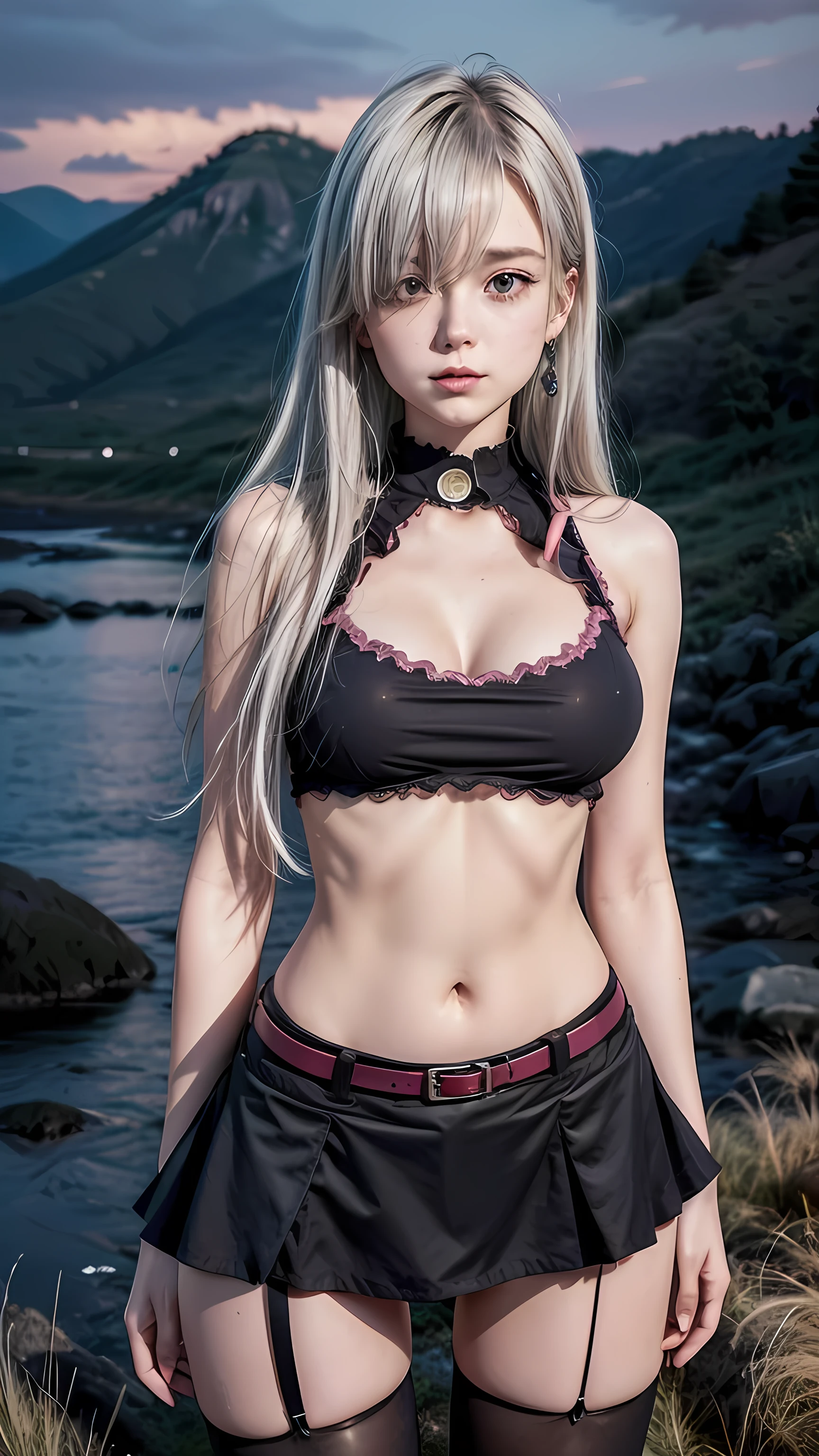 ((face portrait)), masterpiece, best quality, highres, Elizabeth, 1girl, jewelry, single thighhigh, silver hair, hair over one eye, midriff, black skirt, asymmetrical legwear, pink shirt, sleeveless, black thighhighs, belt, landscape background, standing, portrait, red lingerie