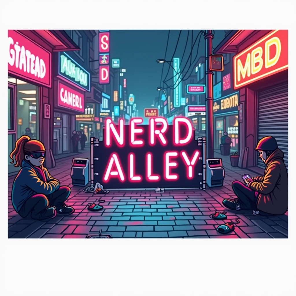 fund: A street scene illuminated by neon lights, with tall buildings and illuminated signs displaying names and pop culture elements.
texto: At the center, the phrase stands out "NERD ALLEY" em letras grandes e brilhantes, with a pink neon appearance, surrounded by geometric shapes and icons that refer to technology.
Personagens: Two figures sitting on a sidewalk, with styles that express a nerdy look, like colored hair and casual clothes. They are surrounded by technology equipment, such as video game consoles and monitors.
colors: The color palette is rich in shades of pink, blue and purple, creating a strong and attractive contrast that evokes a sense of nostalgia and modernity.
Additional Elements: There are objects like cables, joysticks and other gadgets scattered across the floor, complementing the technological theme of the image.