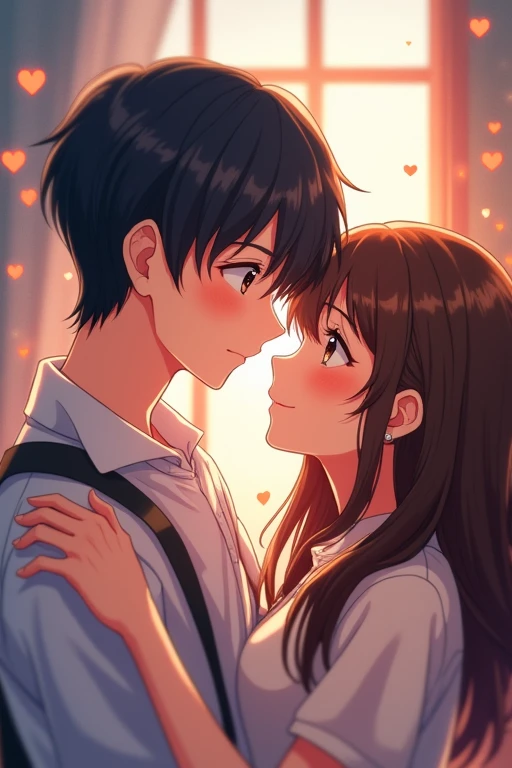 Top quality anime-style student couple close-up selfie-style image
