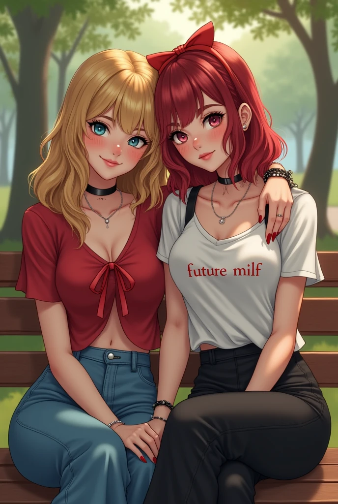 two girls sitting on a bench in the park one has her head on her shoulder and they are close to each other one will be a blonde not too dark but not too light her hair is golden and reaches her hips it can be slightly curled at the ends and I would like streaks to fall on her face also slightly curled, let your hair be loose but please put a red bow in it, the girl has a delicate beauty, her eyes are blue but slightly green inside, her eyelashes are painted with mascara and her lips are slightly pink, her nose is slightly shiny at the tip and she has small hoop earrings in her ears, she is wearing a red top that goes down to her navel with a slight neckline and it is tied around her neck, at the bottom it has low-rise bell-bottoms in a dark denim color. druga dziewczyna na włosy do ramion w kolorze czerwonym ale pod czerwonymi włosami sa one przy twarzy czarne i w okolicach szyi rowniez, she has stronger makeup, i.e. black lines with slightly white lines above them, mascaraed eyelashes, light pink, highlighter on the nose and cheeks and pink nude lips which are even dark but not too dark in the ears she has invisible piercings in the nose she has a septum ring and a small ball she is wearing a white top with the inscription future milf and black wide pants in the navel she has a piercing on one hand a few bracelets and red french nails
