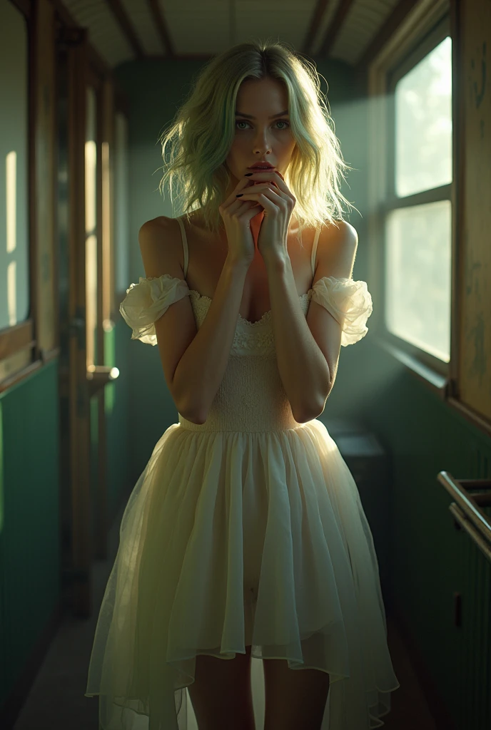 (Best Quality, ultra detailed, golden ratio, masterpiece:1.2), theatrical lighting:0.7, Photo of a woman, dressed in a very elegant and pretty dress, perfect weird face, (very detailed skin), randomly dyed hair, Hide your mouth with your hands.、Ridiculous, skin texture, Pale skin, shiny skin, (delgado, large size:1.2), [:(Sharp focus on strange face, Perfect eyes:1.2):0.2], photorealistic, film grain, put one foot forward、from below looking up、Look at camera、Highlight the shoulders, Focus on face、socks、Glasses、Smile with the corners of your mouth raised.、disdainful expression, summer haze, Muted colors, warm, muted colors, Photo cinematographic portrait of a woman dressed in a striped dress sitting by the window in the early morning, cinematographic, (Tilted:1.3) (on an old train) look cautious, standing under a spotlight, volumetric dust clouds, light key, Backlight, soft natural lighting, photography Film grain ISO 400 30mm RAW f1 lens.8 opening, Very detailed (Analogic photograph:1), Colores HDR